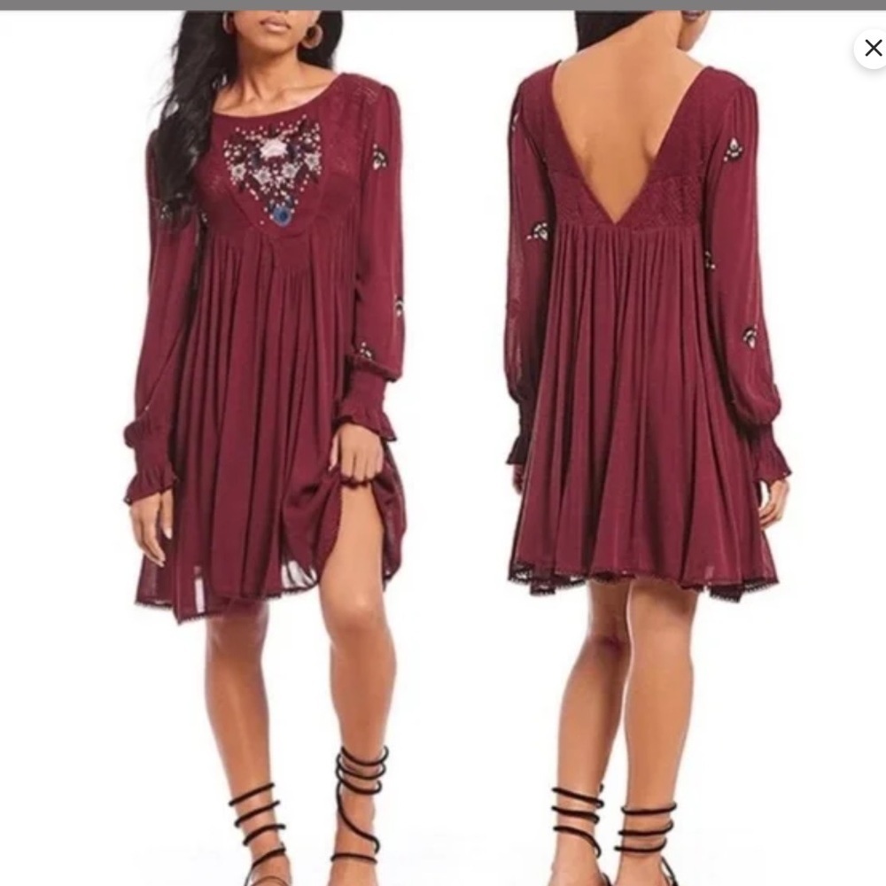 Free People Mohave Embroidered Plum Long Sleeve mini Dress Size Medium